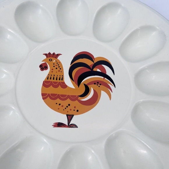 Vintage Mid Century Deviled Egg Plate Platter Rooster Lacquer Ware 10" - Picture 2 of 5
